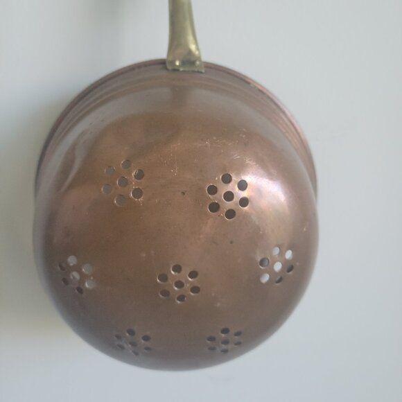 Antique vintage copper hanging strainer colander wood-brass handle - Picture 4 of 5